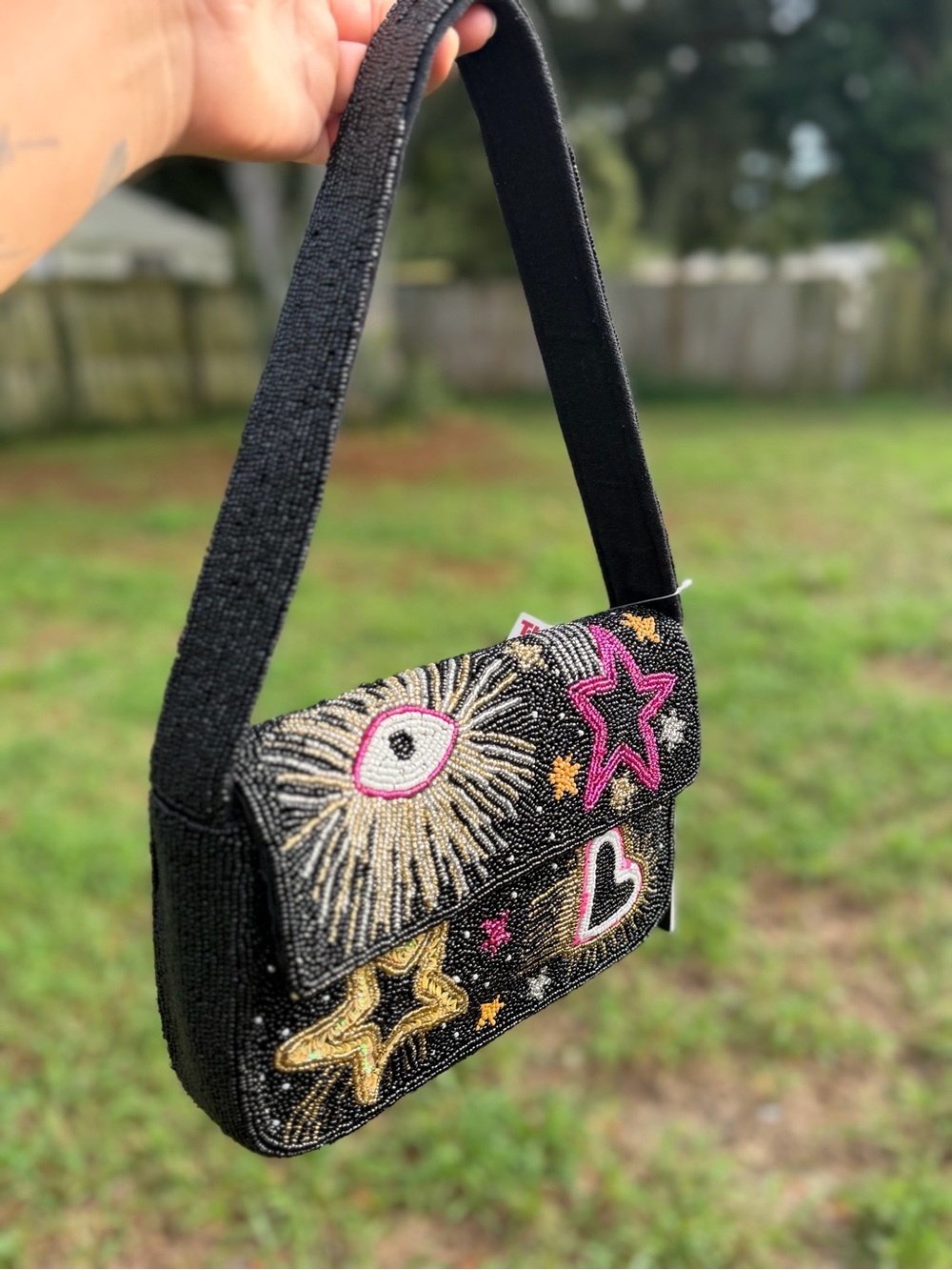 Viral Tj maxx Beaded Black Star & Heart Shoulder Bag - Picture 4 of 4